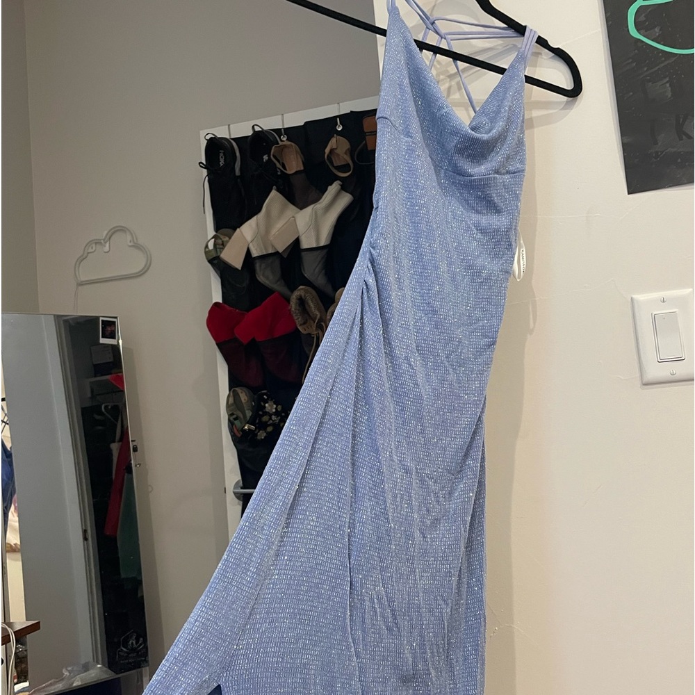blue shimmery long dress with slit